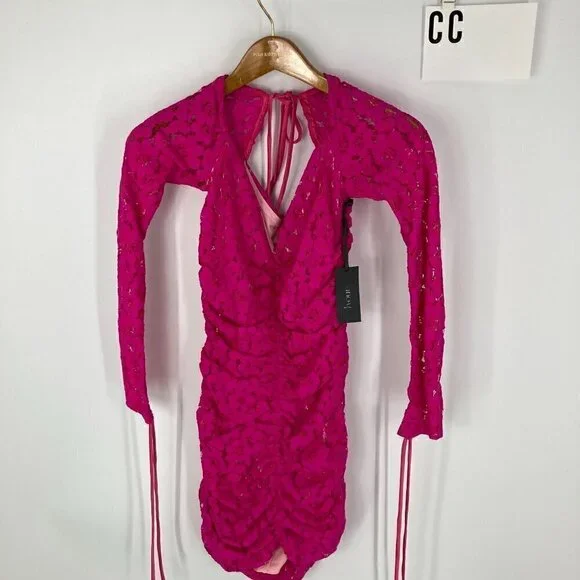 NWT Revolve h:ours pink lace ruched dress Francin bodycon style sz S Bar… - Picture 2 of 8